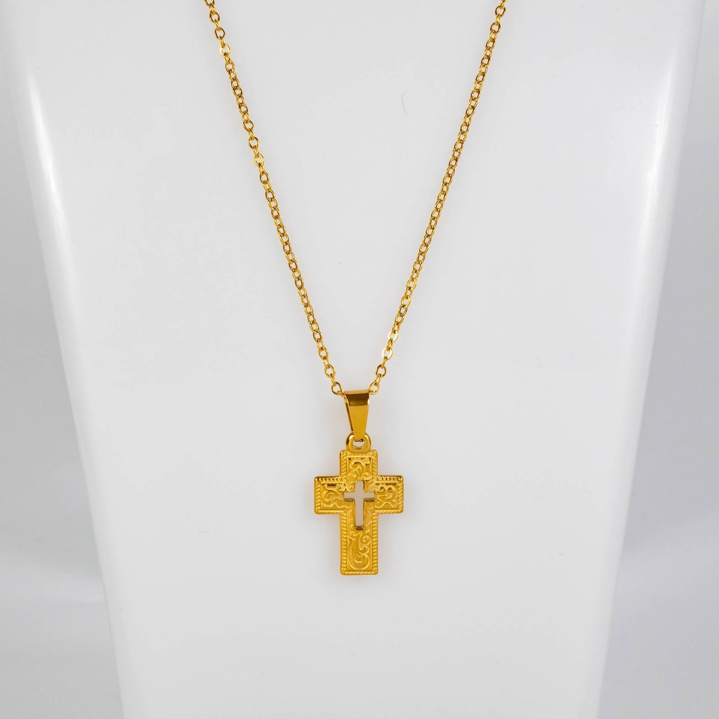 Wholesale 10Pcs 23.8mm Gold Patterned Cross Gothic Steel Pendant Chain Necklace