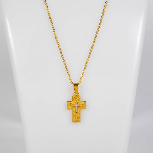 Wholesale 10Pcs 23.8mm Gold Patterned Cross Gothic Steel Pendant Chain Necklace