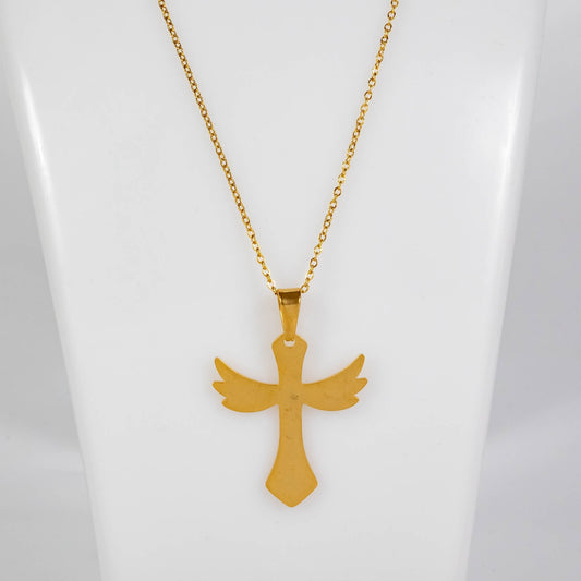 Wholesale 10Pcs 38mm Gold Winged Cross Gothic Steel Pendant Chain Necklace