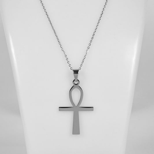 Wholesale 10Pcs 44.5mm Silver Ankh Cross Gothic Steel Pendant Chain Necklace