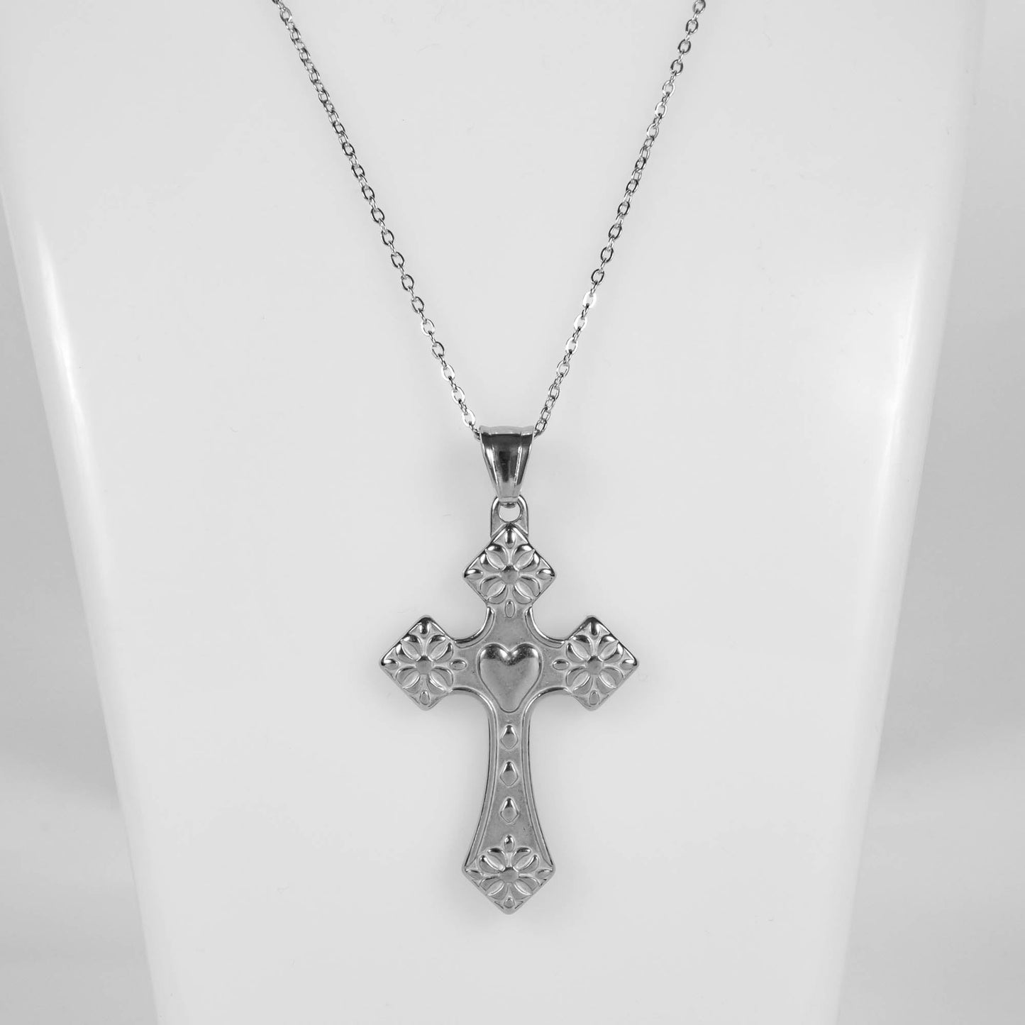 Wholesale 10Pcs 50.5mm Silver Cross With Heart Gothic Steel Pendant Chain Necklace