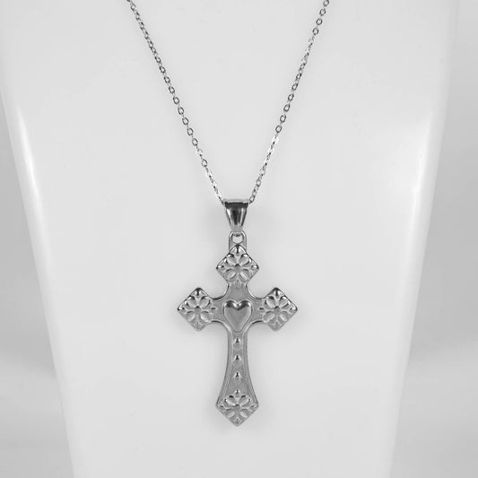 Wholesale 10Pcs 50.5mm Silver Cross With Heart Gothic Steel Pendant Chain Necklace