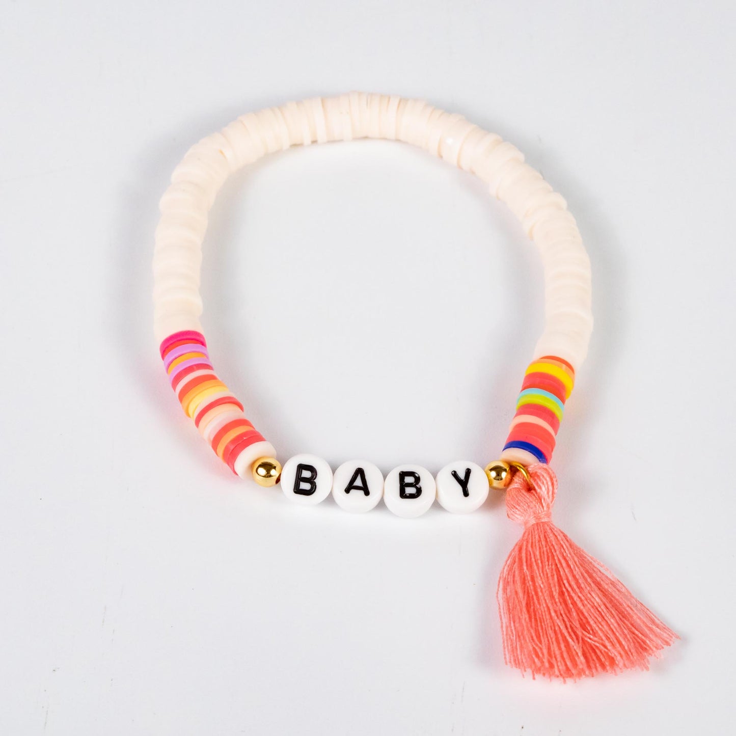 Wholesale 10Pcs 'Baby' Text Acrylic & Polymer Heishi Beads, Tassel Bracelet