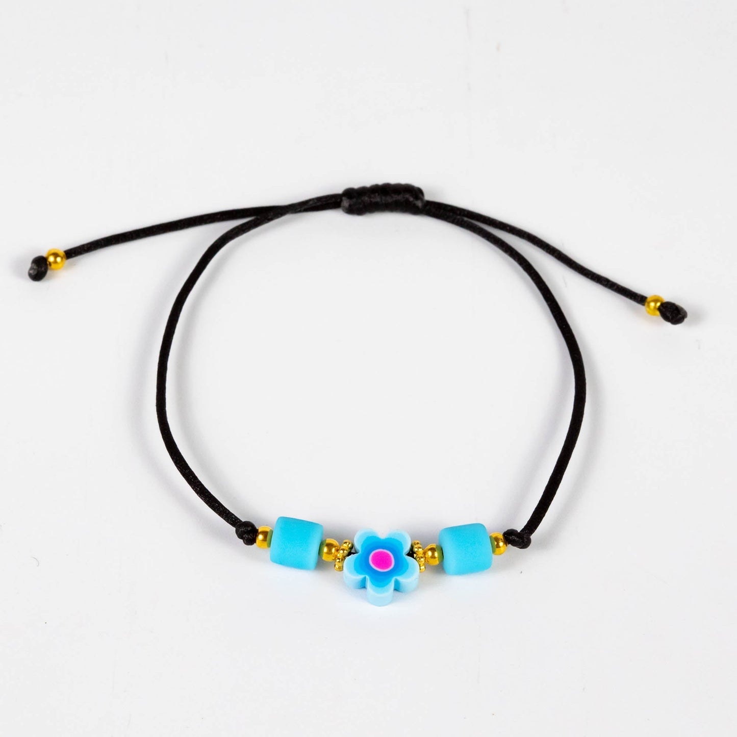 Wholesale 10Pcs Flower Polymer Clay Charm Bracelet, With Adjustable Black Cord - Mixed Colour