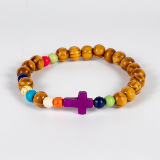 Wholesale 10Pcs Purple Turquoise Cross Bracelet, Wood Beads