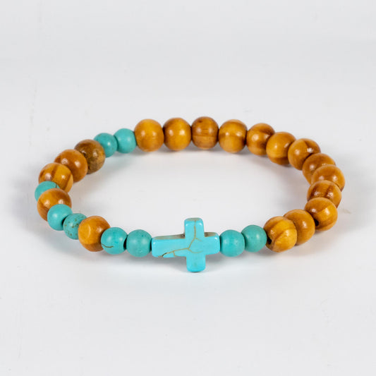 Wholesale 10Pcs Blue Turquoise Cross Bracelet, Wooden Beads