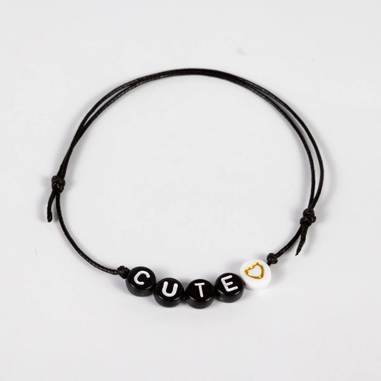 Wholesale 10Pcs 'Cute' Text On Black Acrylic Beads, Cord Bracelet