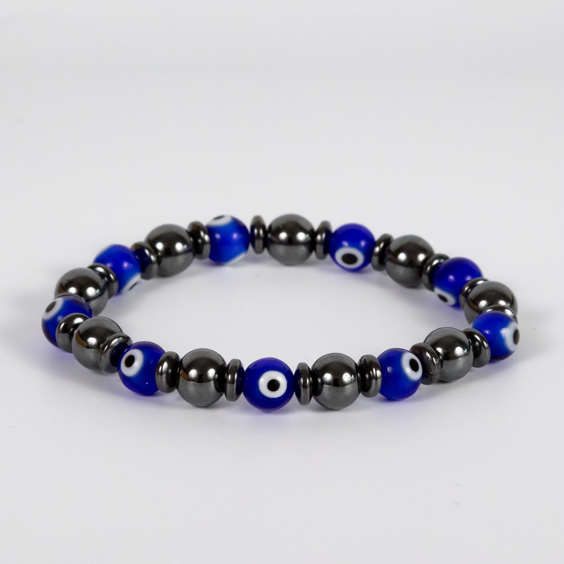 Wholesale 10Pcs Evil Eye Blue Glass Lampwork Bracelet, Round Hematite Beads