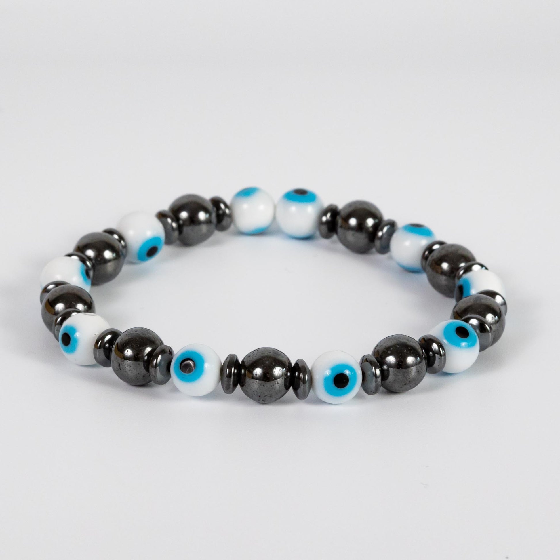 Wholesale 10Pcs Evil Eye White Glass Lampwork Bracelet, Round Hematite Beads