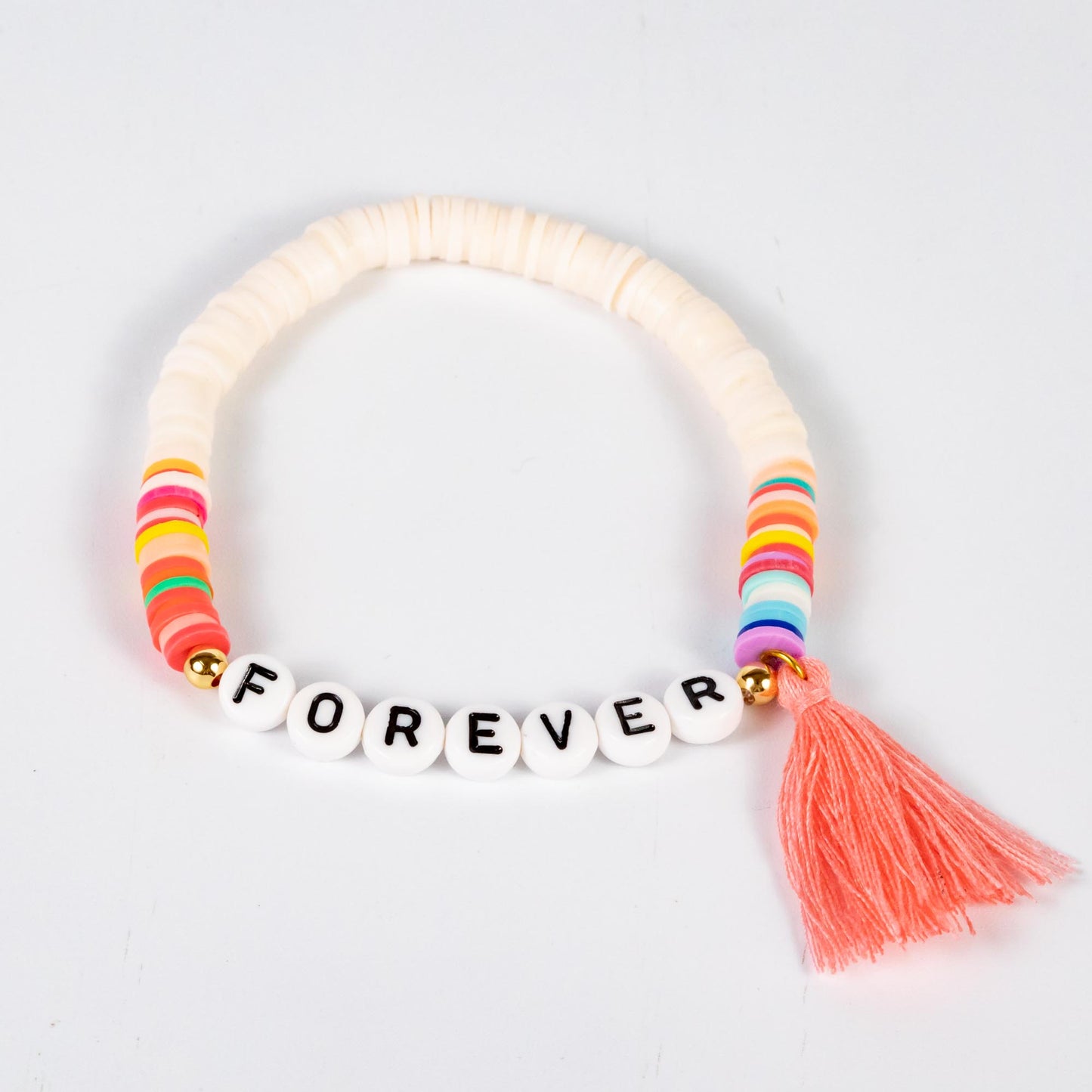 Wholesale 10Pcs 'Forever' Text Acrylic & Polymer Heishi Beads, Tassel Bracelet