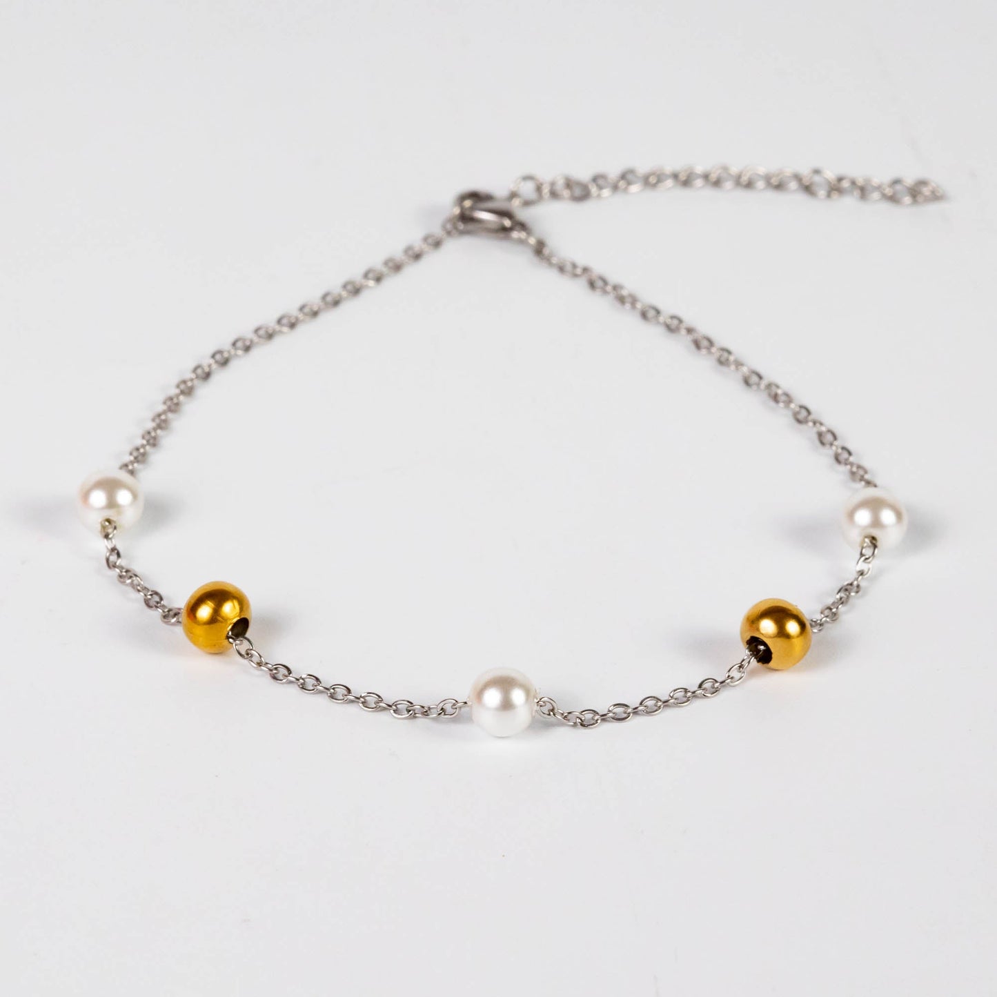 Wholesale 10Pcs Gold & White Acrylic Pearl Beads, Silver Steel Anklet Bracelet