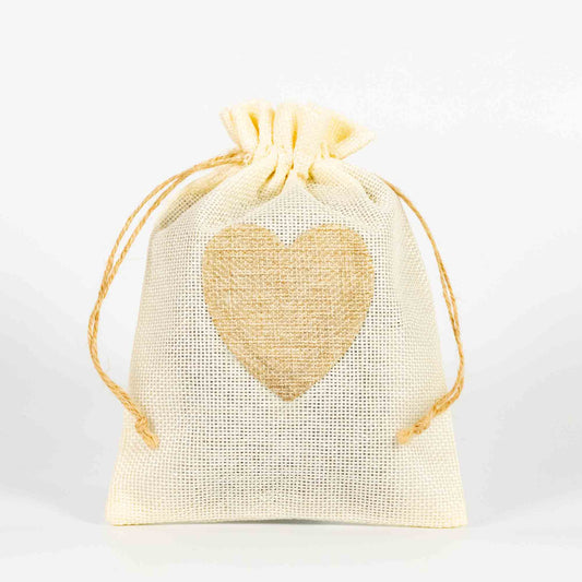 Wholesale 10Pcs Medium Heart Jute Jewellery Gift Bags - Cream