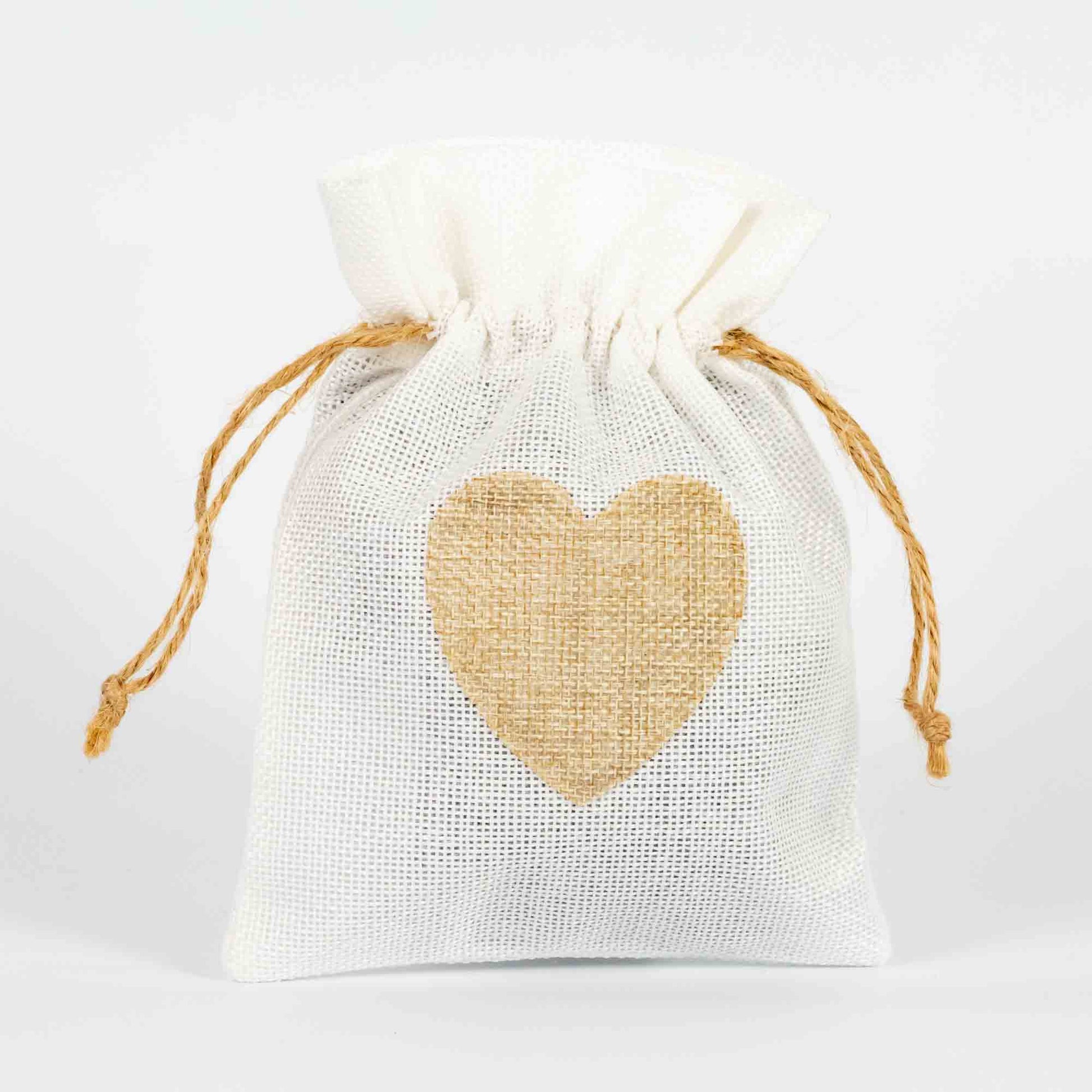 Wholesale 10Pcs Medium Heart Jute Jewellery Gift Bags - White