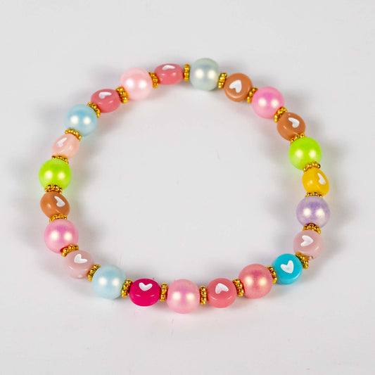 Wholesale 10Pcs Heart Acrylic Flat & Round Rainbow Bead Bracelet, Gold Findings