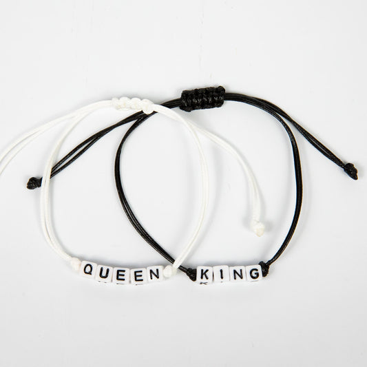 Wholesale 10Pcs King & Queen Acrylic Charm Bracelets, Black & White Cord - Mixed Design