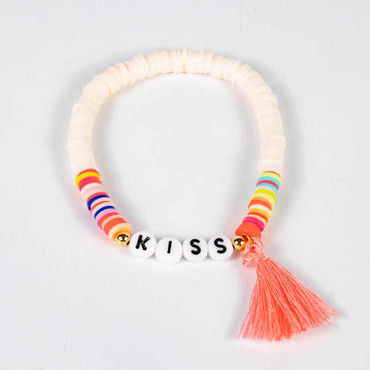 Wholesale 10Pcs 'Kiss' Text Acrylic & Polymer Heishi Beads, Tassel Bracelet