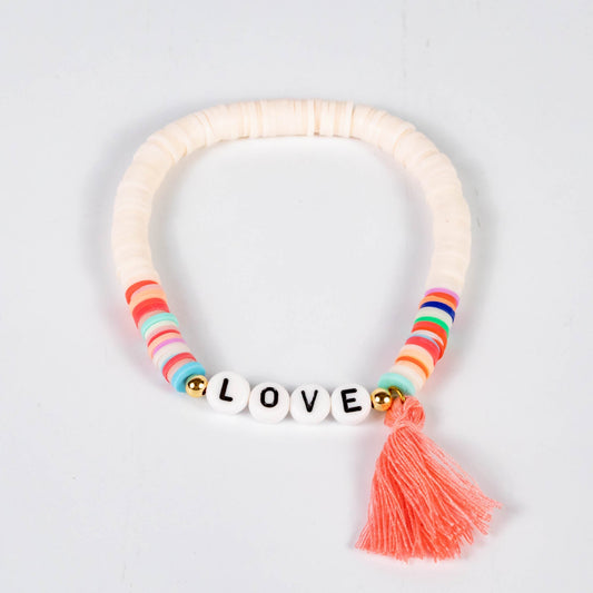 Wholesale 10Pcs 'Love' Text Acrylic & Polymer Heishi Beads, Tassel Bracelet