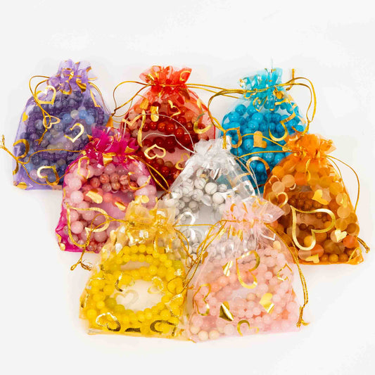 Wholesale 10Pcs Medium Heart Printed Organza Gift Bags, Mixed