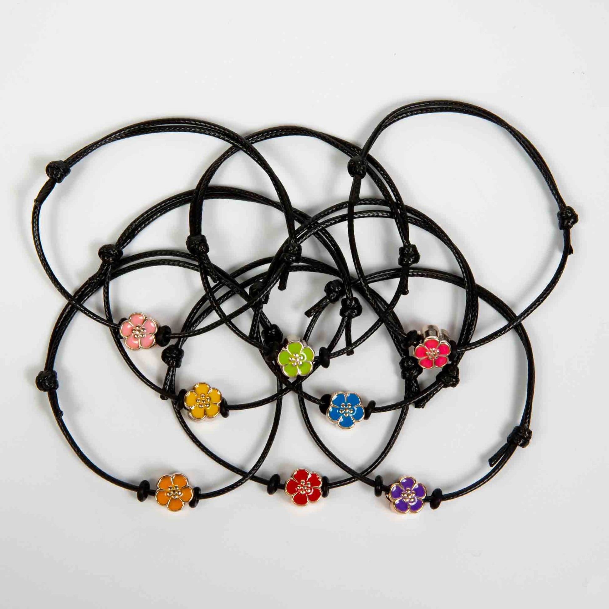 Wholesale 10Pcs Flower Acrylic Charm Bracelet, Black Cord - Mixed Colour