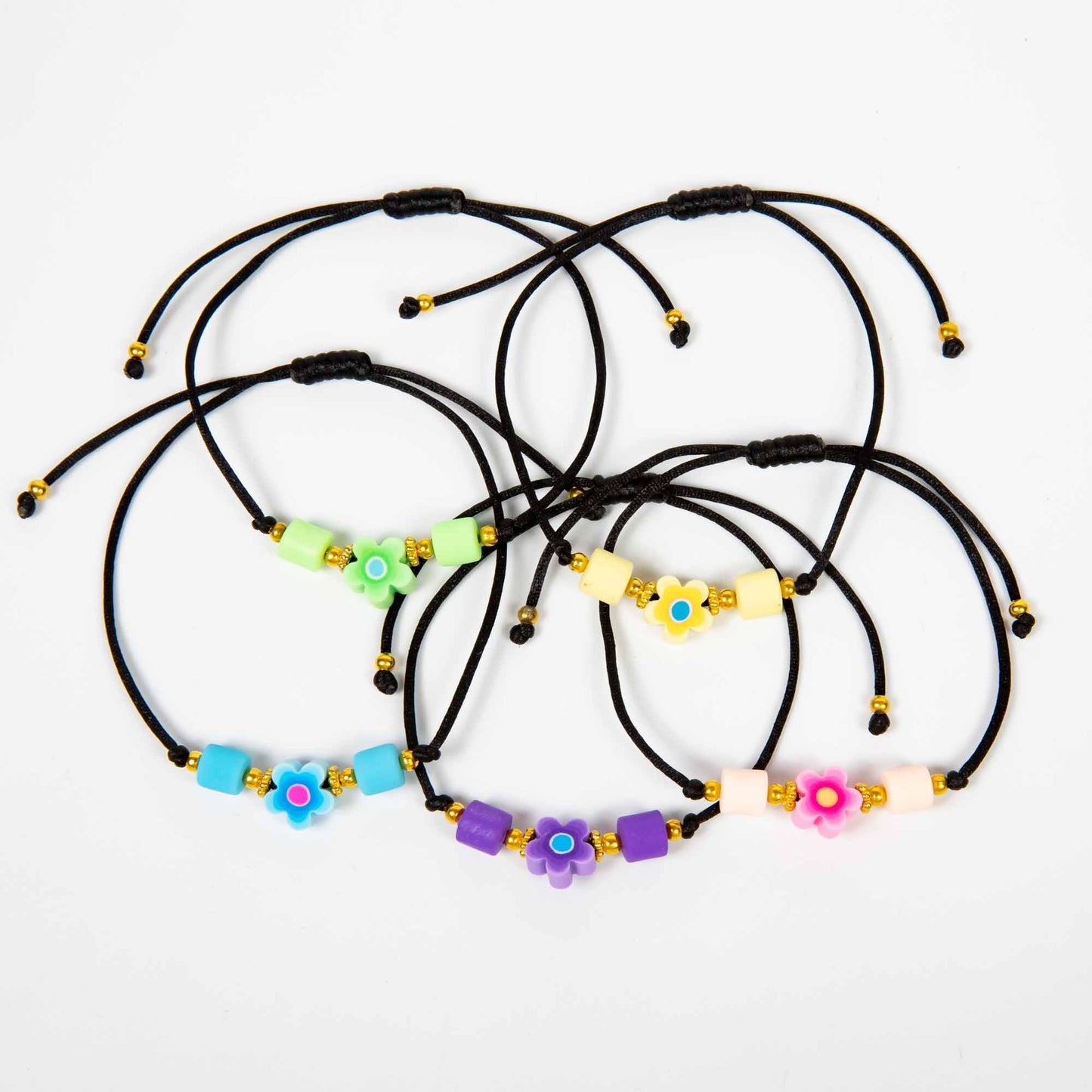 Wholesale 10Pcs Flower Polymer Clay Charm Bracelet, With Adjustable Black Cord - Mixed Colour