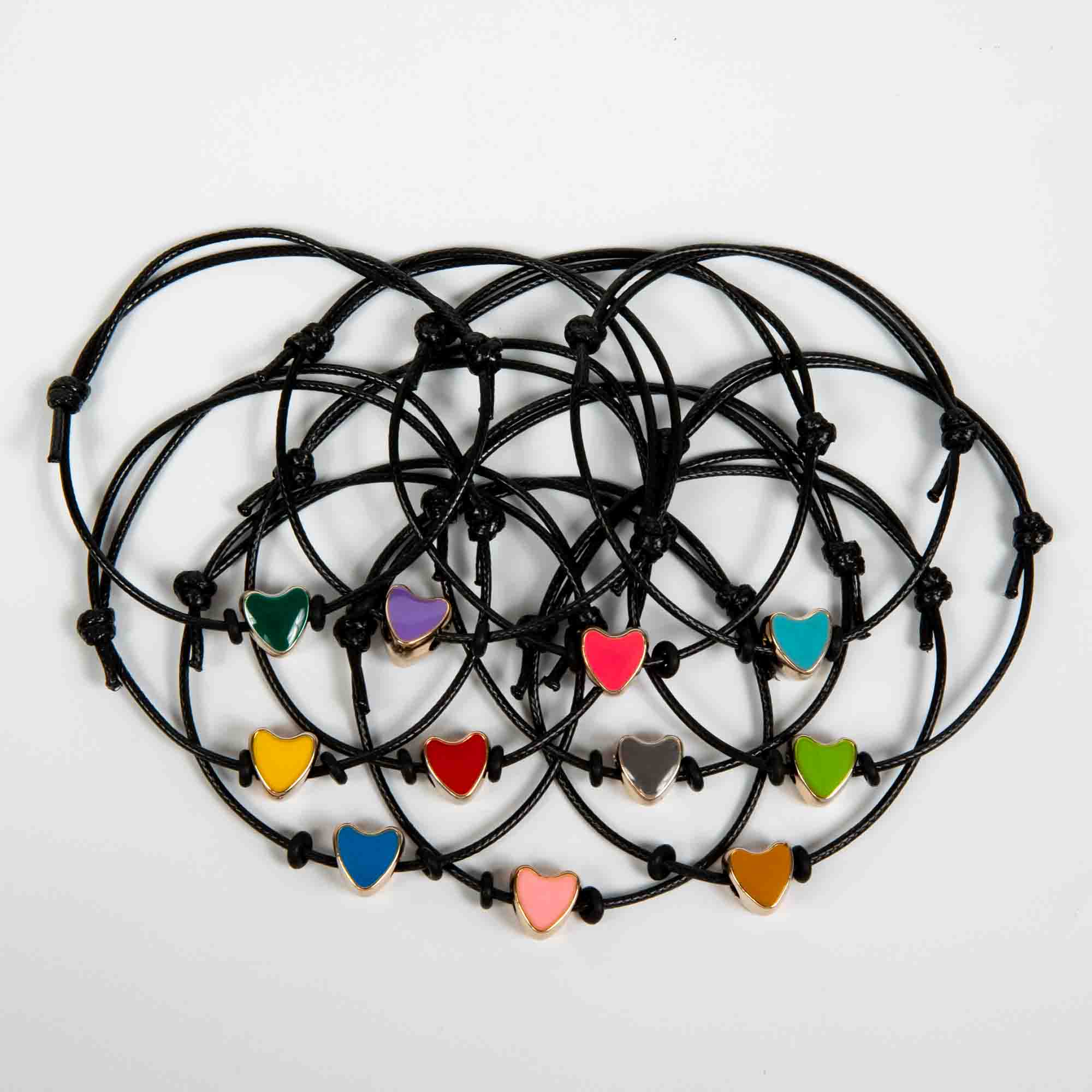 Wholesale 10Pcs Heart Acrylic Charm Bracelet, Black Cord - Mixed Colour