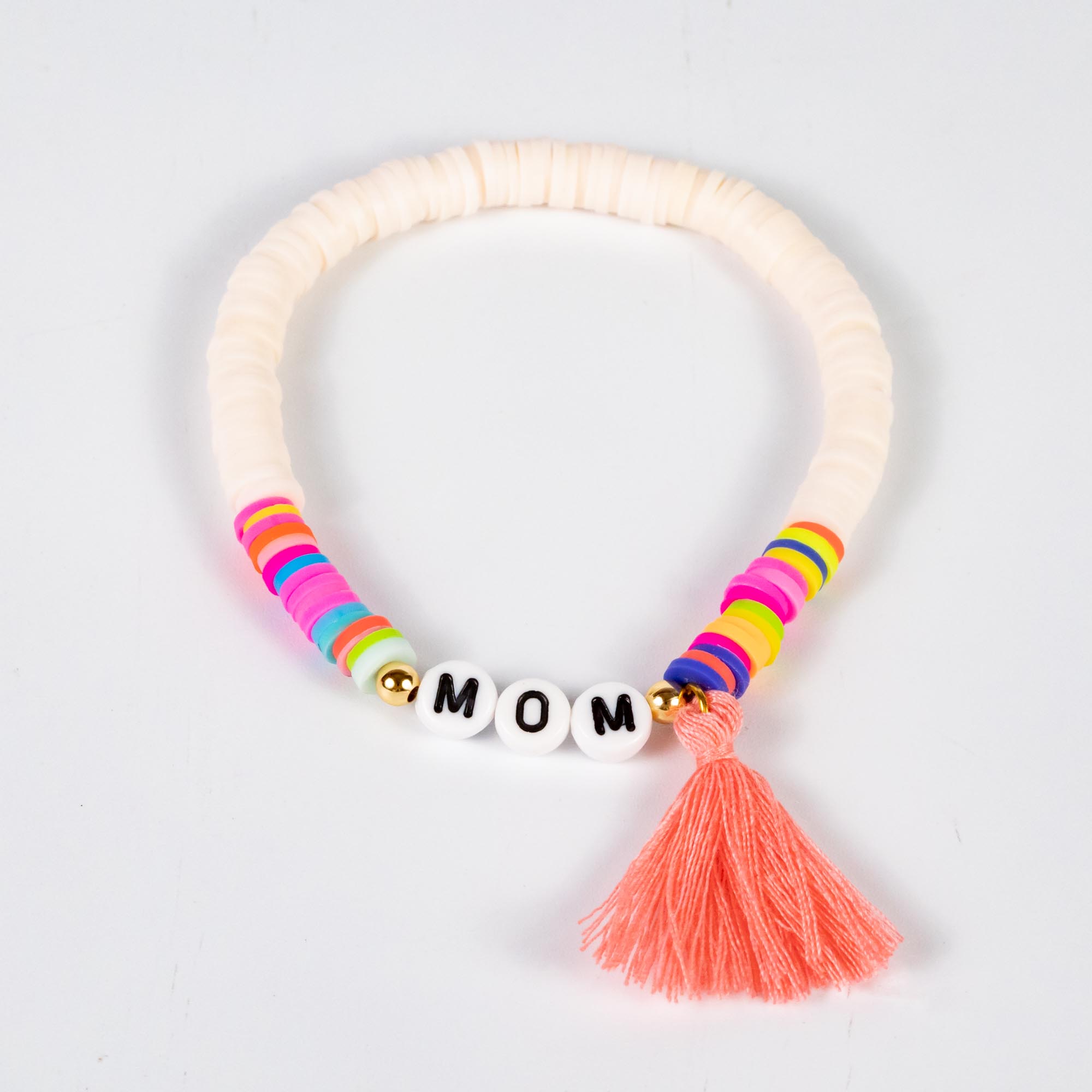 Wholesale 10Pcs 'Mom' Text Acrylic & Polymer Heishi Beads, Tassel Bracelet