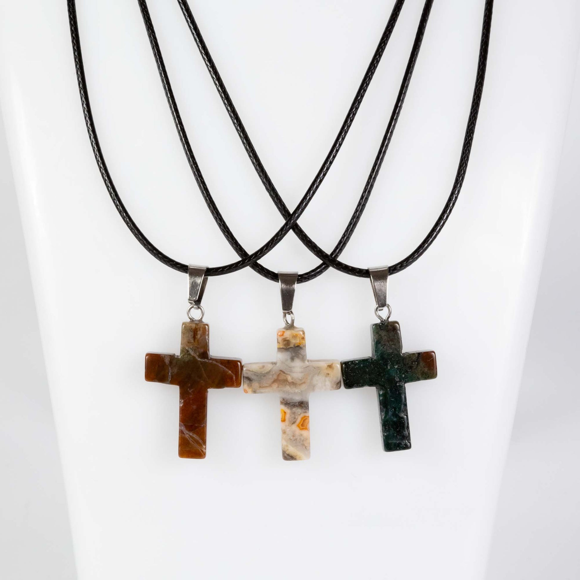 Wholesale 10Pcs Indian Agate Gemstone Cross Pendant Cord Necklaces