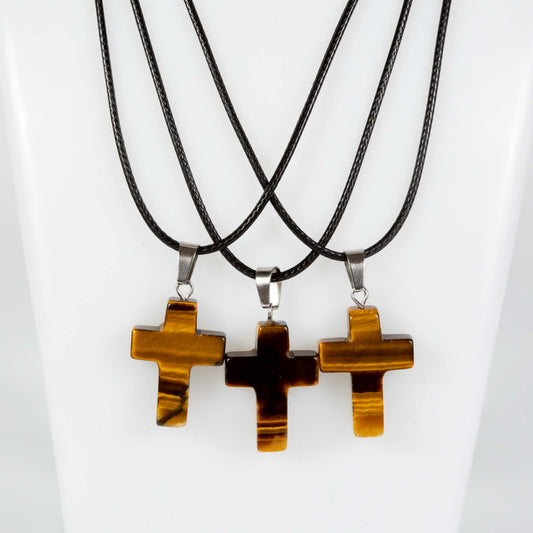 Wholesale 10Pcs Tiger Eye Gemstone Cross Pendant Cord Necklaces