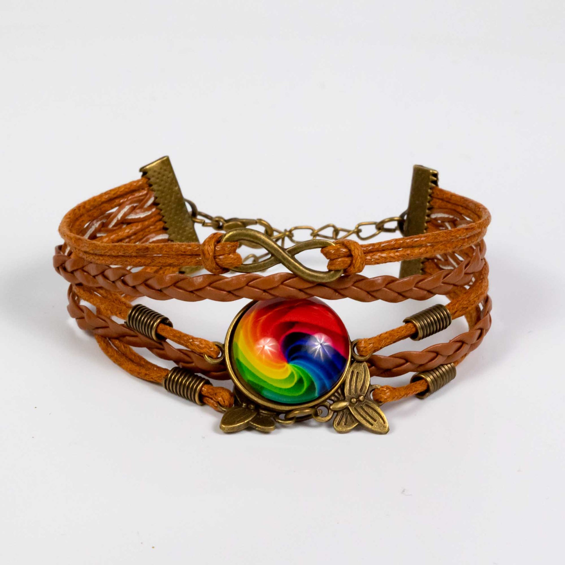 Wholesale 10Pcs Pride Rainbow Swirl Glass Pendant Bracelet PU Leather With Metal Clasp