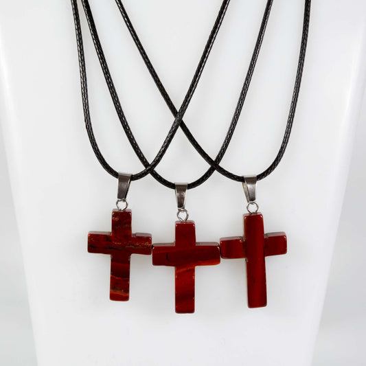 Wholesale 10Pcs Red Jasper Gemstone Cross Pendant Cord Necklaces