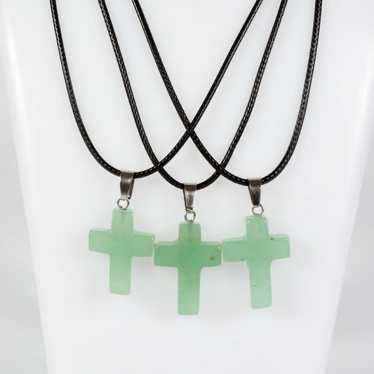 Wholesale 10Pcs Green Aventurine Gemstone Cross Pendant Cord Necklaces