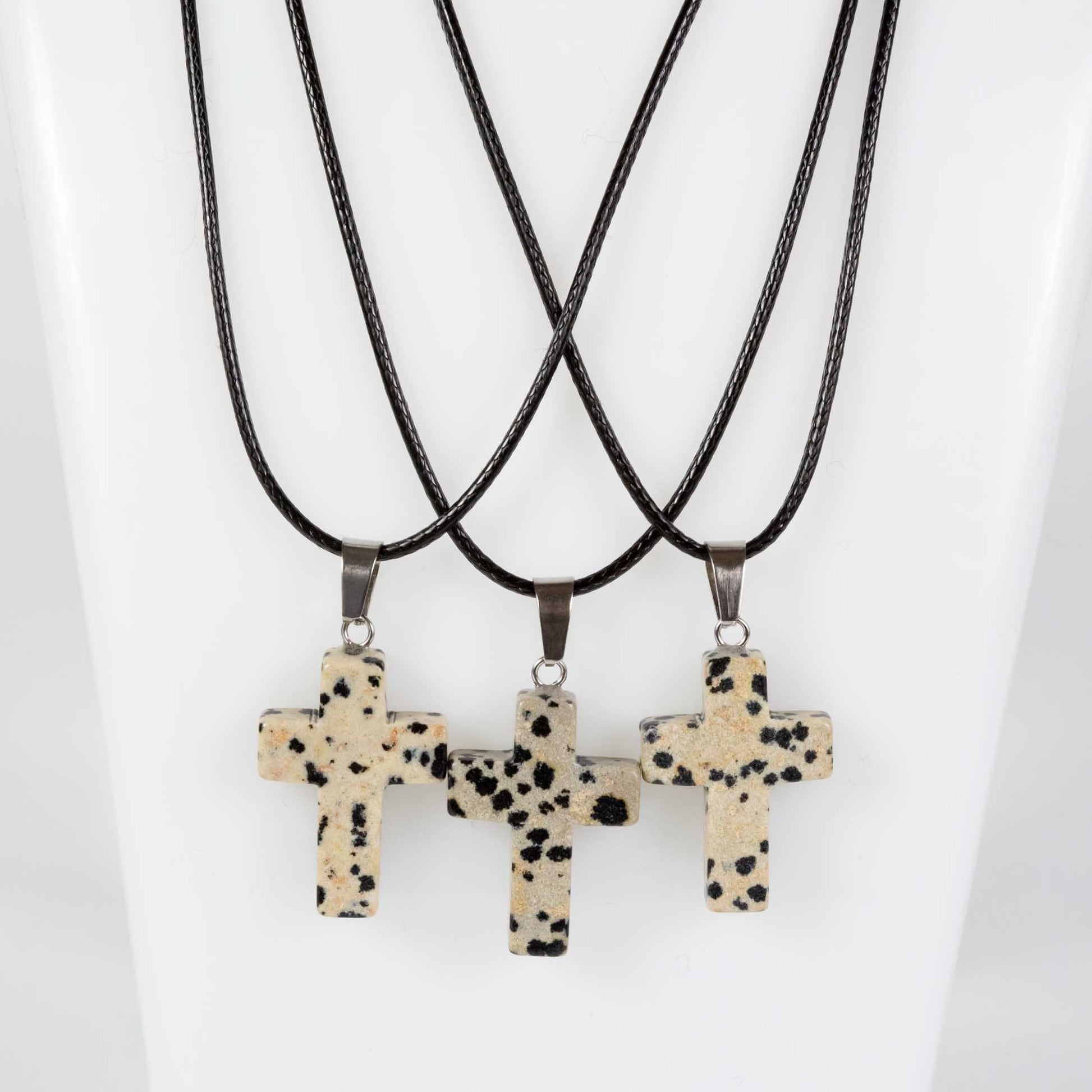 Wholesale 10Pcs Dalmatian Jasper Gemstone Cross Pendant Cord Necklaces