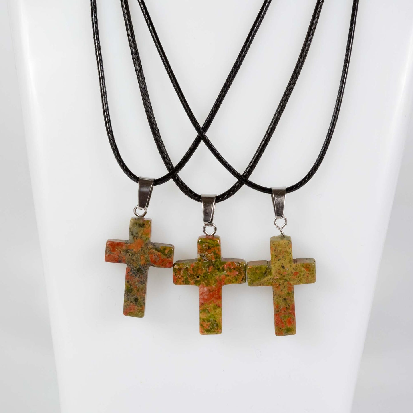 Wholesale 10Pcs Unakite Gemstone Cross Pendant Cord Necklaces