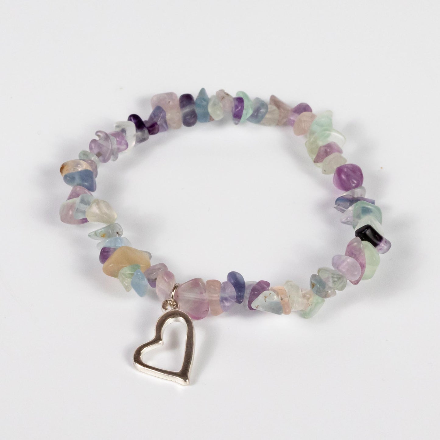 Wholesale 10Pcs Heart Charm Pendant Stretch Chip Bracelets, Fluorite Gemstones