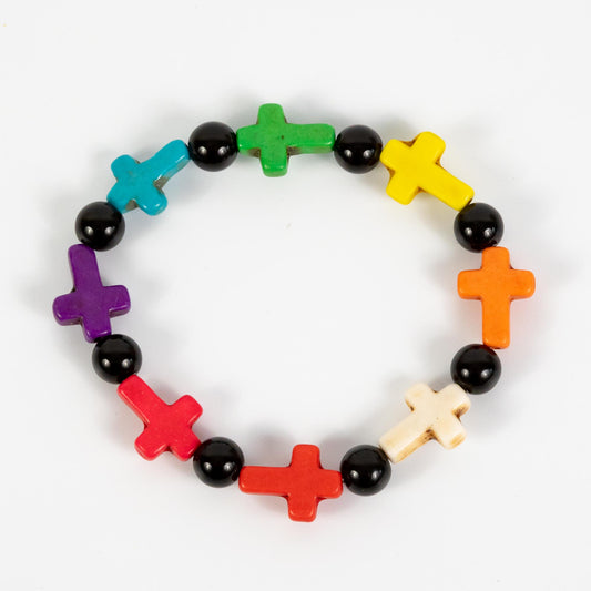 Wholesale 10Pcs Rainbow Cross Charm Spitiual Bracelet, Howlite Cross & Round Beads