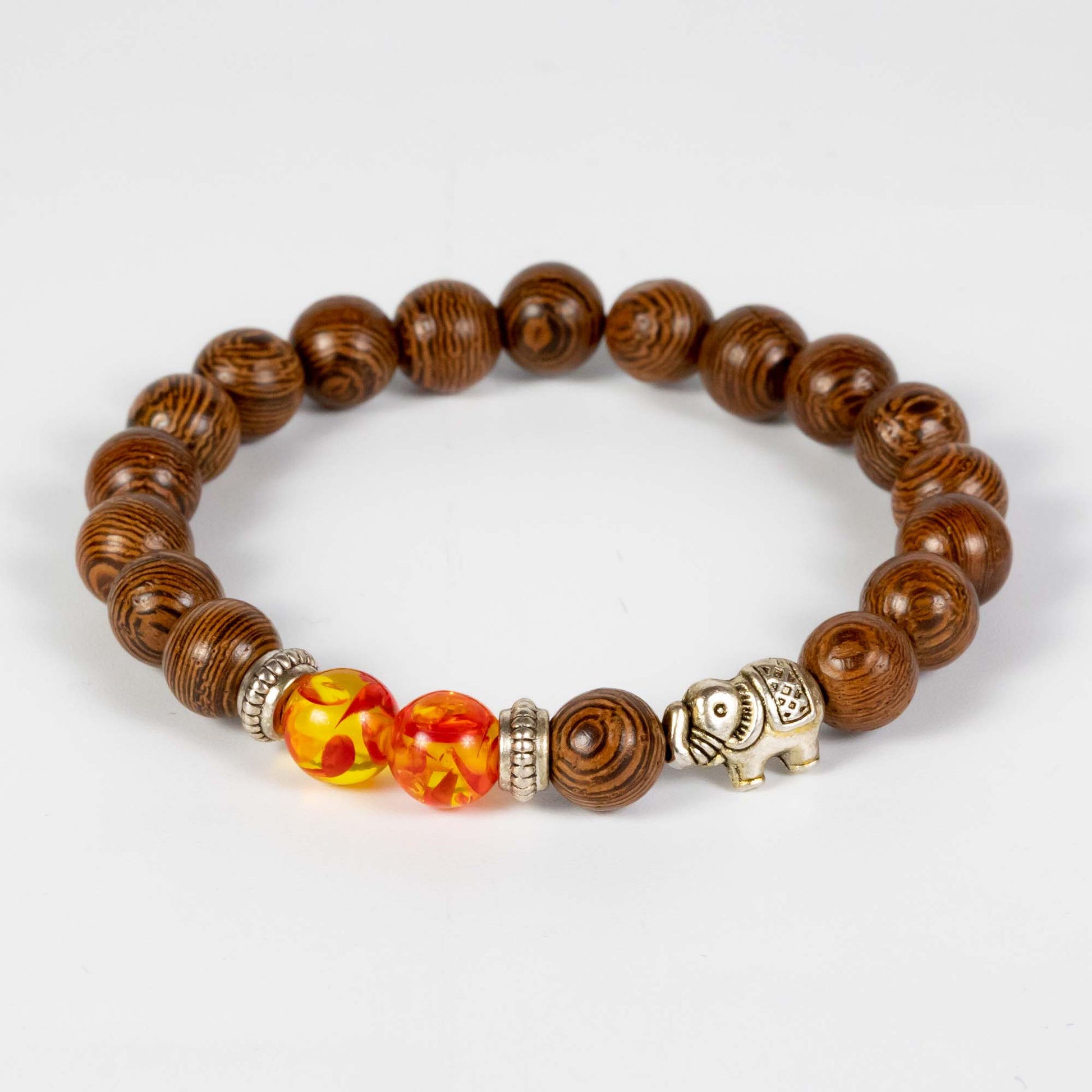 Wholesale 10Pcs Silver Elephant Bracelet, Red Yellow Resin & Wood Beads