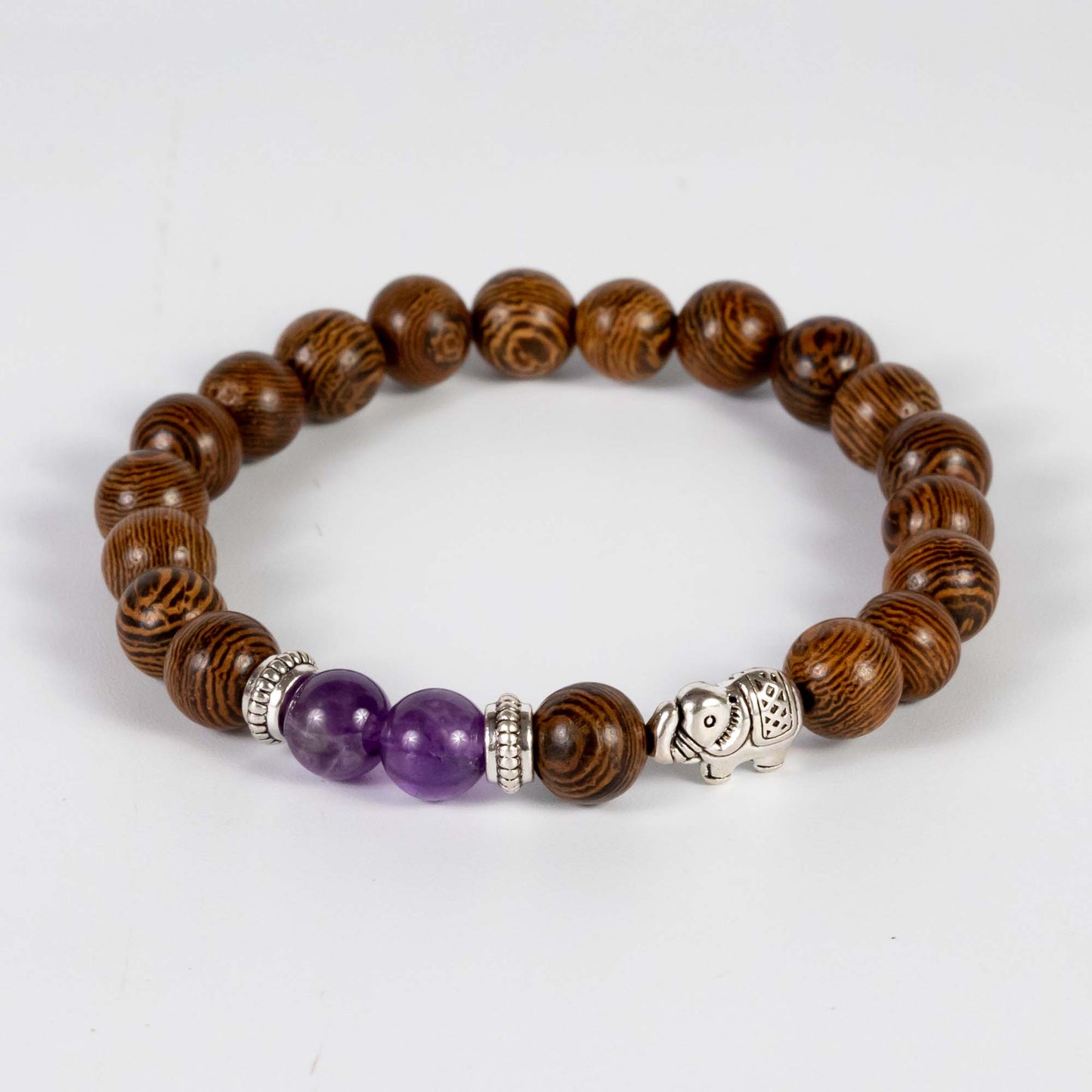 Wholesale 10Pcs Silver Elephant Bracelet, Amethyst & Wooden Beads