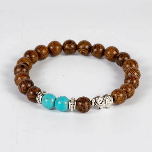 Wholesale 10Pcs Silver Elephant Bracelet, Turquoise & Wooden Beads