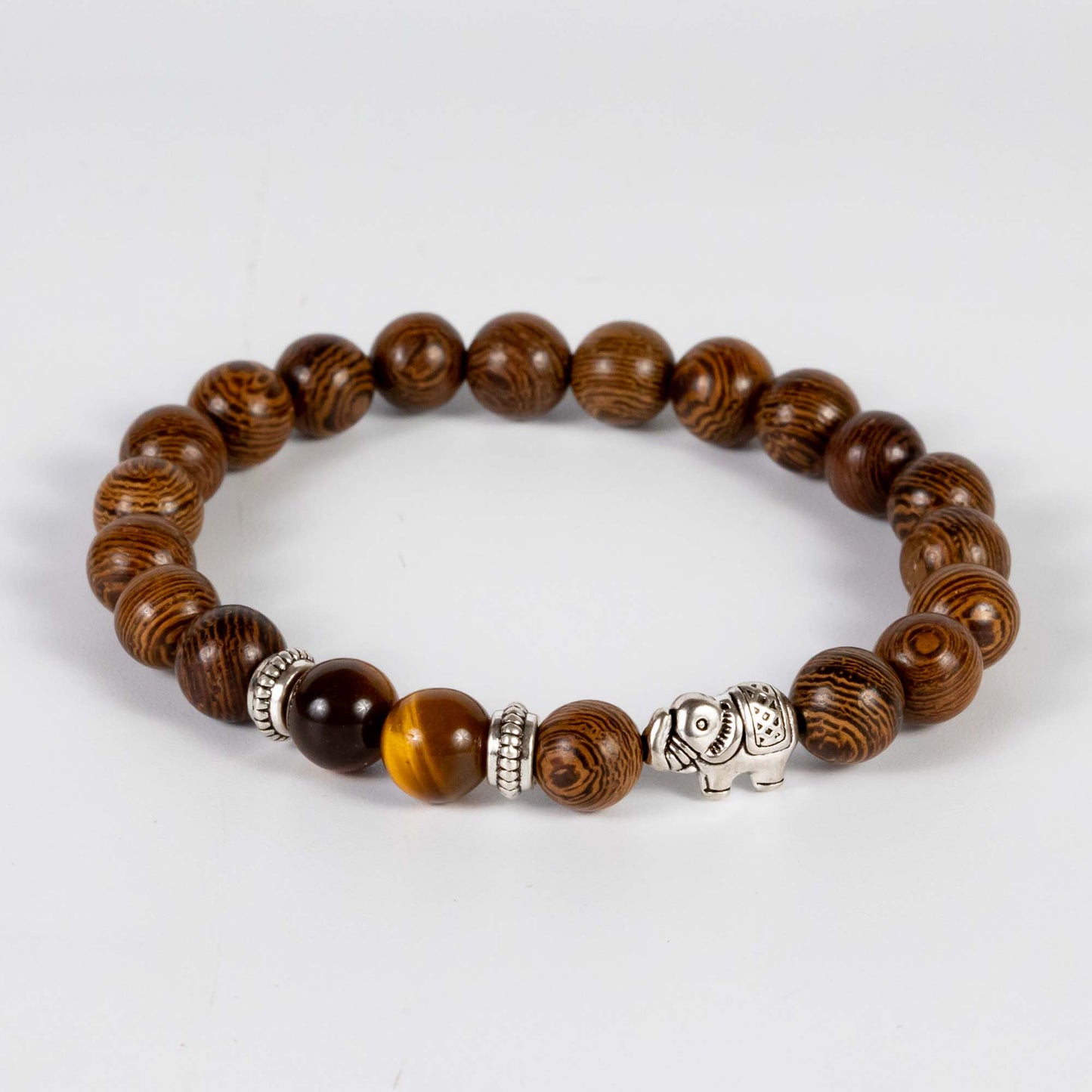 Wholesale 10Pcs Silver Elephant Bracelet, Tiger Eye & Wooden Beads