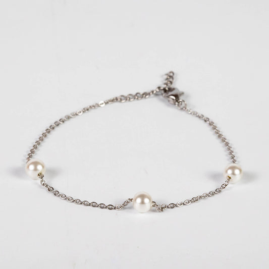 Wholesale 10Pcs White Acrylic Pearl Beads On Silver Steel Bracelets